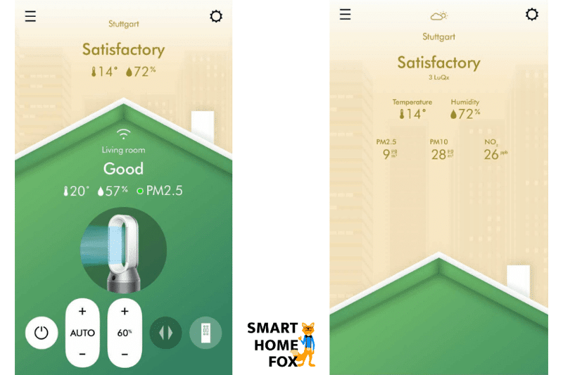 Качество воздуха в помещении и на улице, измеренное Dyson Purifier Humidify+Cool Formaldehyde PH04 в приложении Dyson Link.